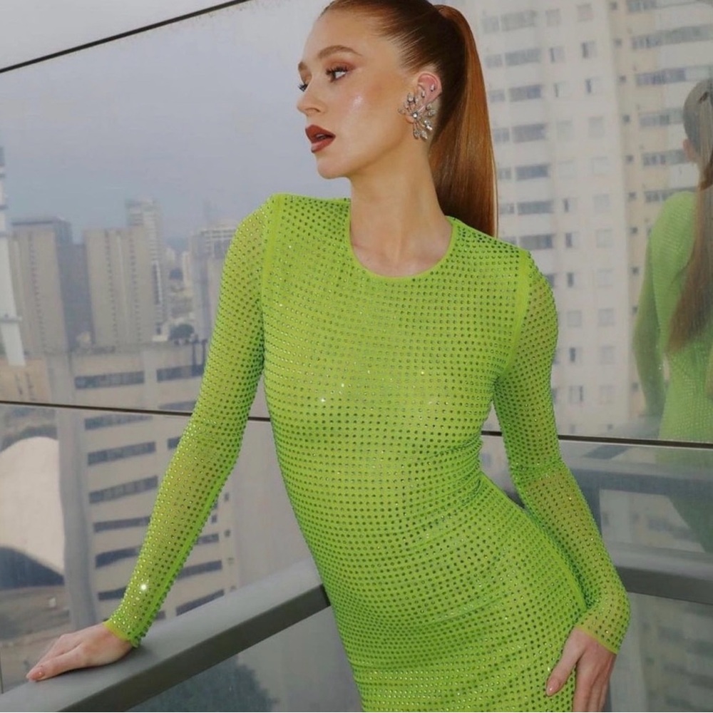 Self-Portrait Rhinestone Green Long Sleeve Dress